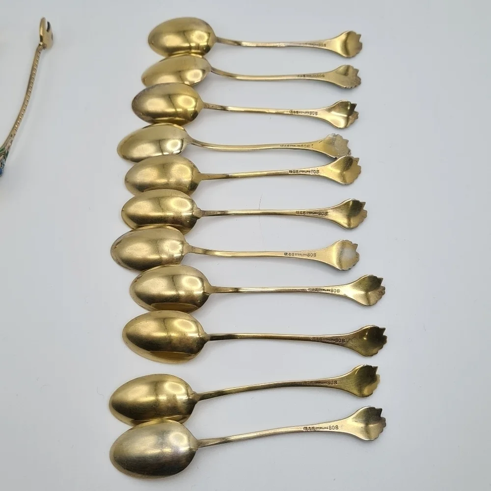 Gorham Sterling & Enamel Flowers Demitasse Spoons Set of 11 & Sugar Tong #808